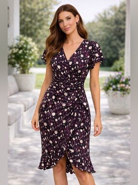 315 Max Studio Faux Wrap Midi Dress Black Purple Abstract Ruched Flutter Sleeve